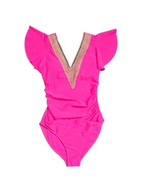 NWOT | Neon Pink Embroidered V-Neck Flutter Sleeve One Piece Swimsuit | Large